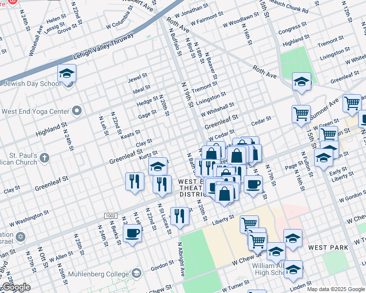 map of restaurants, bars, coffee shops, grocery stores, and more near 813 North 20th Street in Allentown