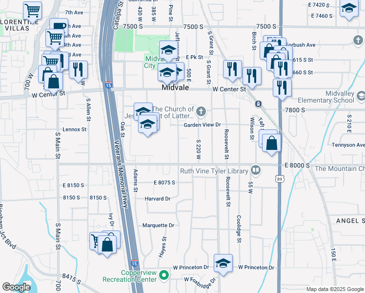 map of restaurants, bars, coffee shops, grocery stores, and more near 7976 South Pioneer Street in Midvale
