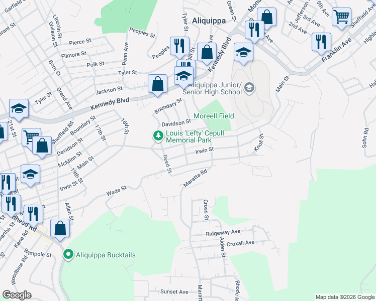 map of restaurants, bars, coffee shops, grocery stores, and more near 1224 Wade Street in Aliquippa
