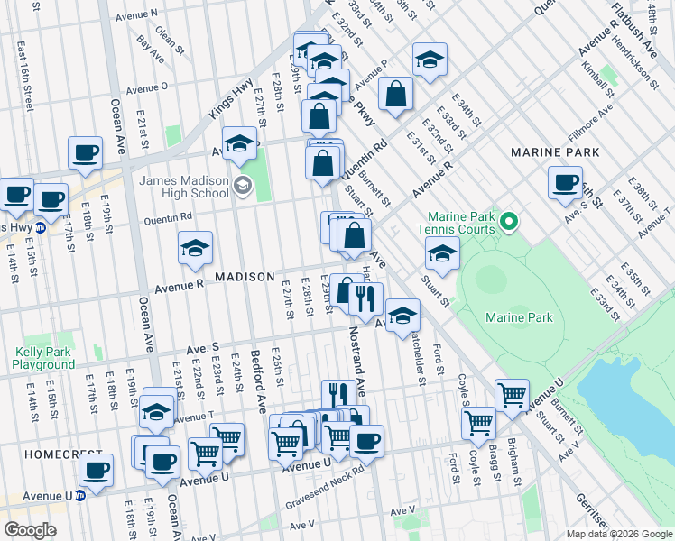 map of restaurants, bars, coffee shops, grocery stores, and more near 1831 East 29th Street in Brooklyn