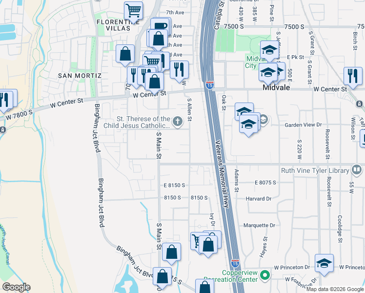 map of restaurants, bars, coffee shops, grocery stores, and more near 611 Beynon Court in Midvale