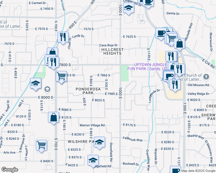 map of restaurants, bars, coffee shops, grocery stores, and more near 953 Cedar Terrace Drive in Sandy