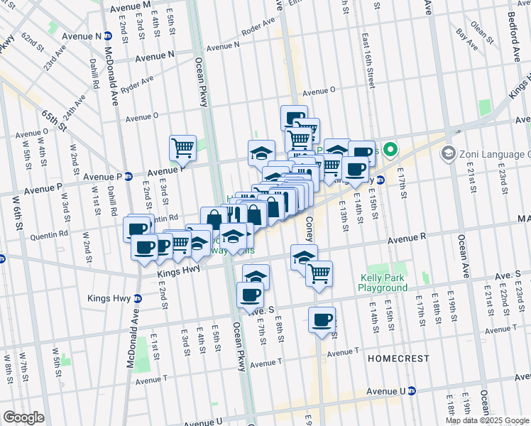 map of restaurants, bars, coffee shops, grocery stores, and more near 1738 East 8th Street in Brooklyn