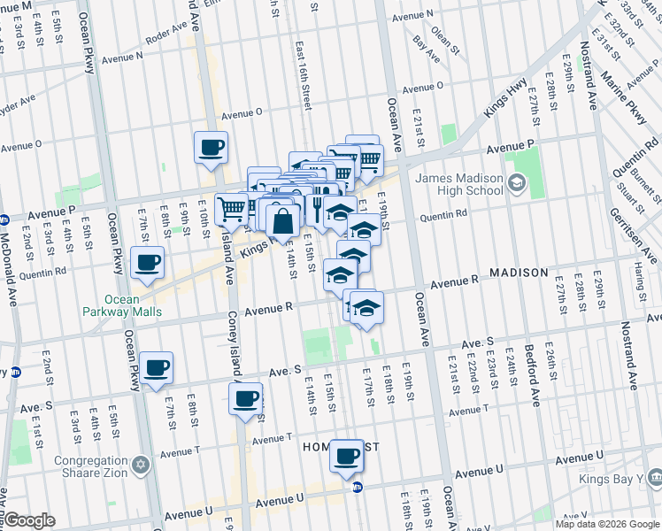 map of restaurants, bars, coffee shops, grocery stores, and more near East 16th Street in Brooklyn