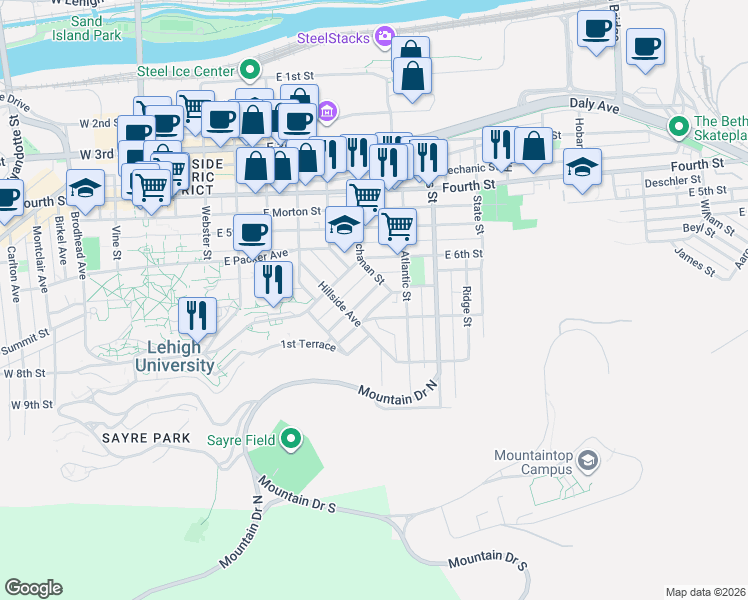 map of restaurants, bars, coffee shops, grocery stores, and more near in Bethlehem