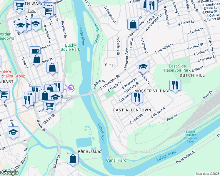 map of restaurants, bars, coffee shops, grocery stores, and more near 18 South Bradford Street in Allentown