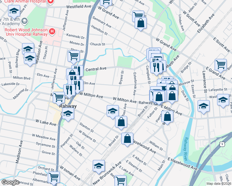 map of restaurants, bars, coffee shops, grocery stores, and more near 205 West Milton Avenue in Rahway