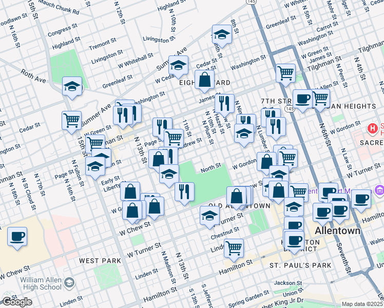 map of restaurants, bars, coffee shops, grocery stores, and more near 1107 Liberty Street in Allentown