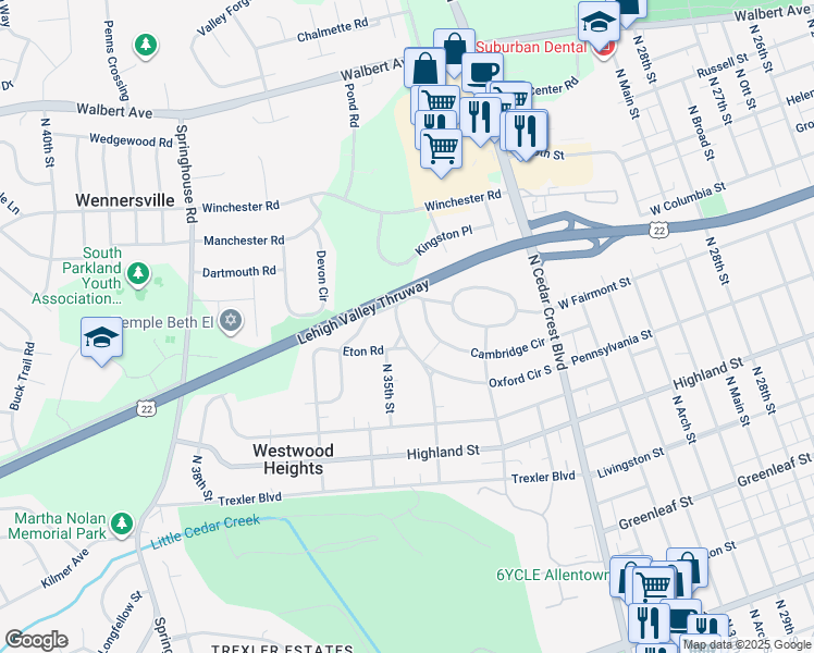 map of restaurants, bars, coffee shops, grocery stores, and more near 3437 Oxford Circle South in Allentown