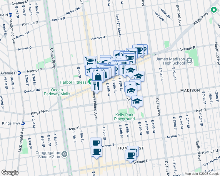 map of restaurants, bars, coffee shops, grocery stores, and more near 1735 East 13th Street in Brooklyn