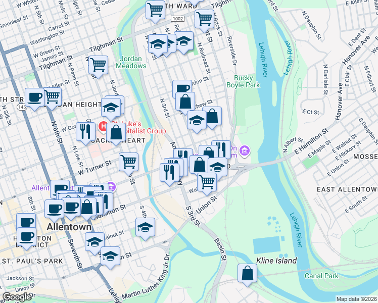 map of restaurants, bars, coffee shops, grocery stores, and more near 32 North 2nd Street in Allentown