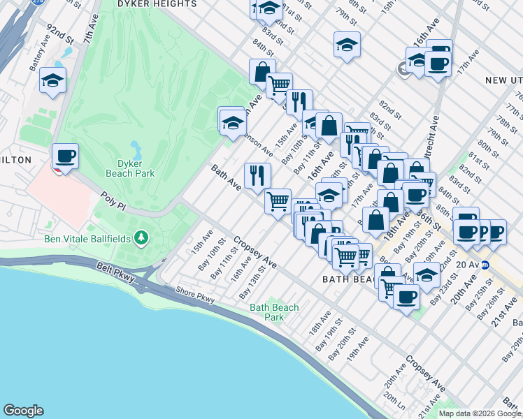 map of restaurants, bars, coffee shops, grocery stores, and more near 1540 Bath Avenue in Brooklyn