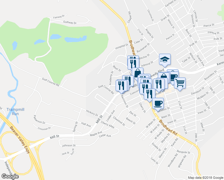 map of restaurants, bars, coffee shops, grocery stores, and more near 737 Golf Course Road in Aliquippa