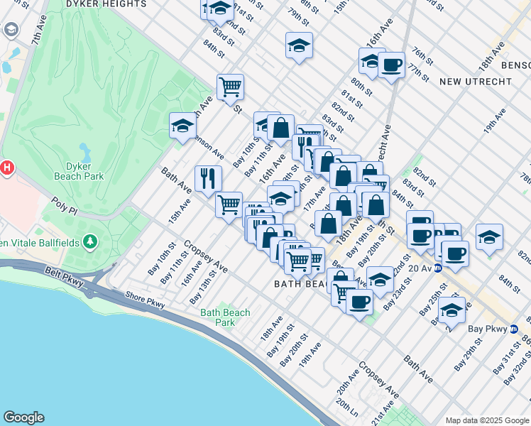 map of restaurants, bars, coffee shops, grocery stores, and more near 111 Bay 13th Street in Brooklyn