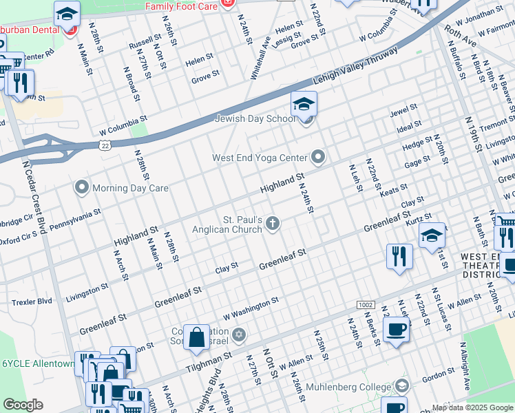map of restaurants, bars, coffee shops, grocery stores, and more near 1031-1033 North Glenwood Street in Allentown