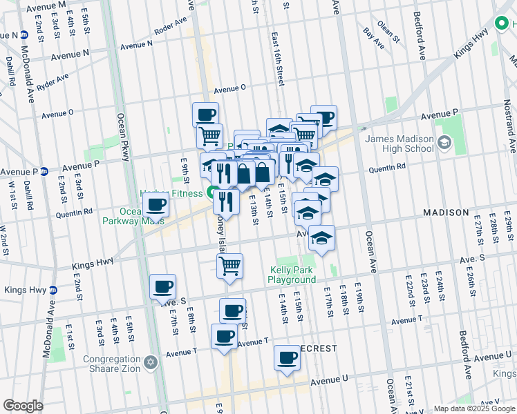 map of restaurants, bars, coffee shops, grocery stores, and more near 1735 East 13th Street in Brooklyn