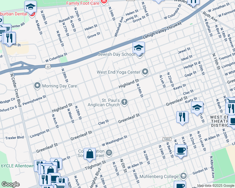 map of restaurants, bars, coffee shops, grocery stores, and more near 1031-1033 North Glenwood Street in Allentown