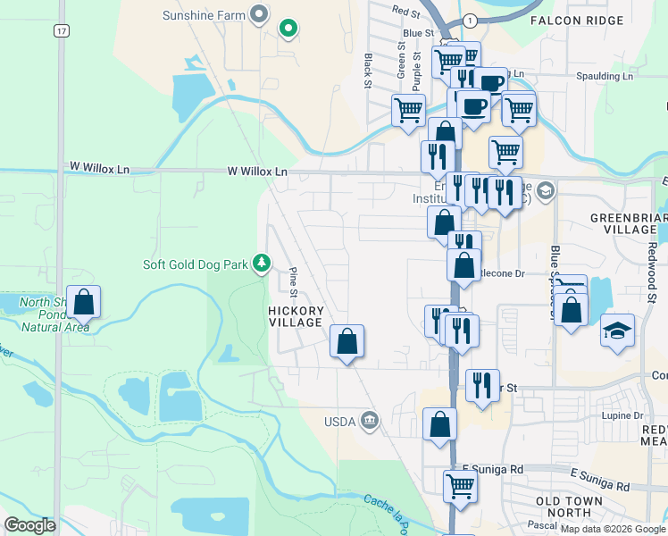 map of restaurants, bars, coffee shops, grocery stores, and more near 1601 North College Avenue in Fort Collins