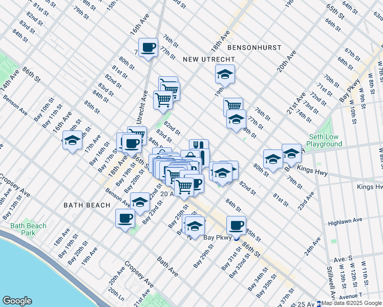 map of restaurants, bars, coffee shops, grocery stores, and more near 1935 83rd Street in Brooklyn