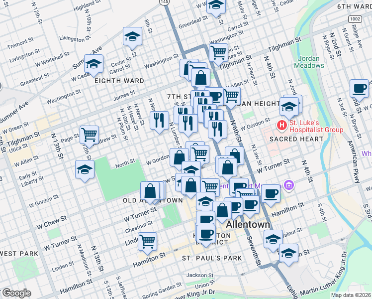 map of restaurants, bars, coffee shops, grocery stores, and more near West Gordon Street in Allentown