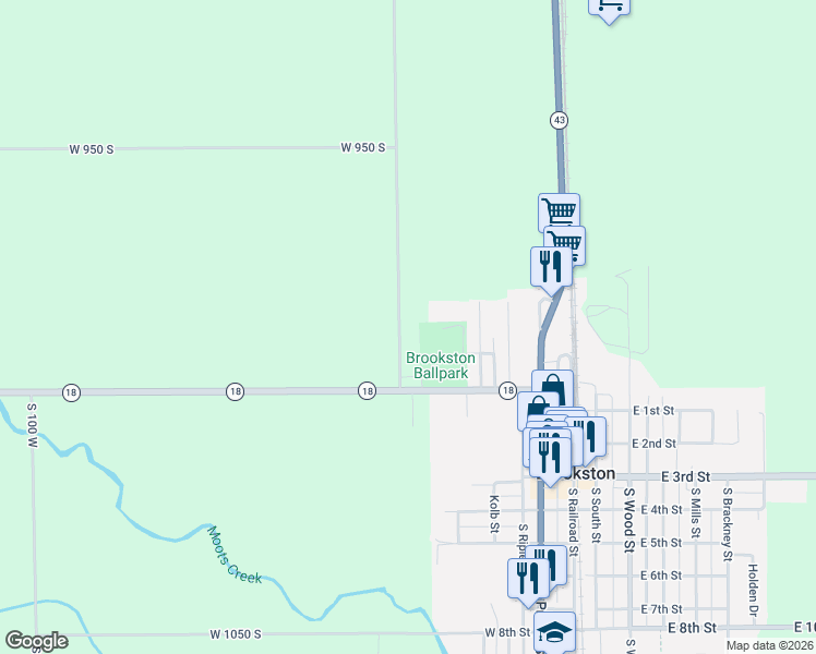map of restaurants, bars, coffee shops, grocery stores, and more near 9501-9933 S Evans Rd in Brookston