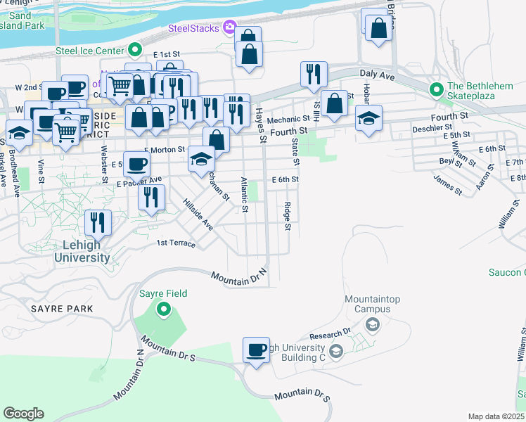 map of restaurants, bars, coffee shops, grocery stores, and more near 664 Hayes Street in Bethlehem