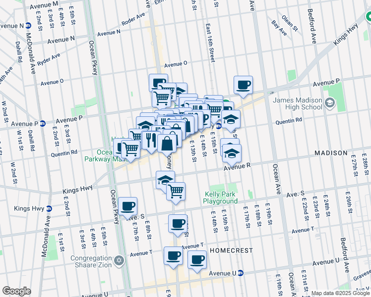 map of restaurants, bars, coffee shops, grocery stores, and more near 1761 East 12th Street in Brooklyn