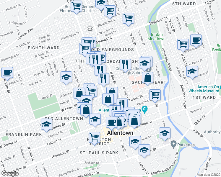 map of restaurants, bars, coffee shops, grocery stores, and more near 313 North Church Street in Allentown