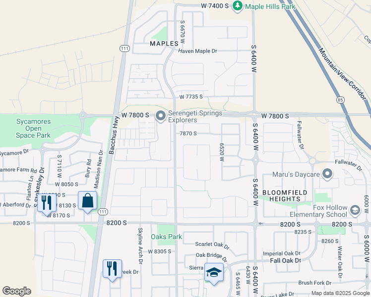 map of restaurants, bars, coffee shops, grocery stores, and more near 7923 South Red Baron Lane in West Jordan