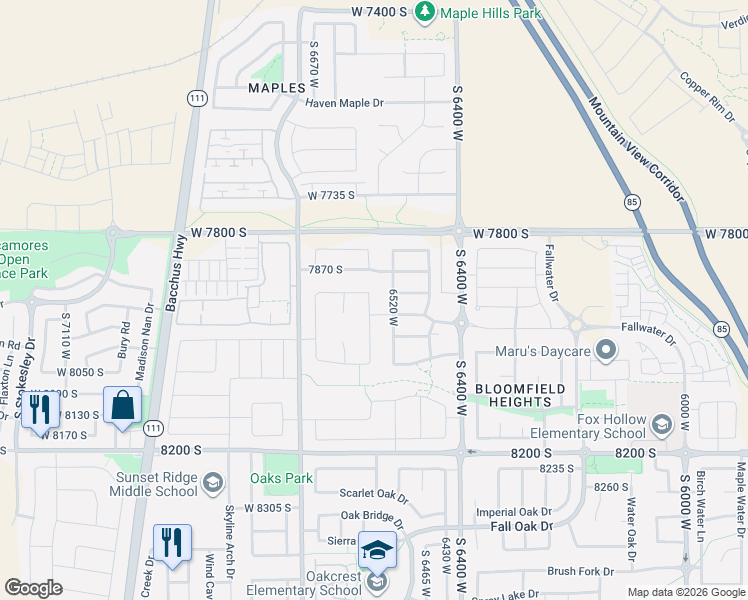 map of restaurants, bars, coffee shops, grocery stores, and more near 7962 6520 West in West Jordan