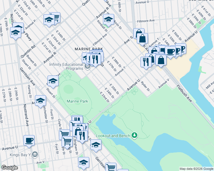 map of restaurants, bars, coffee shops, grocery stores, and more near 2130 East 34th Street in Brooklyn