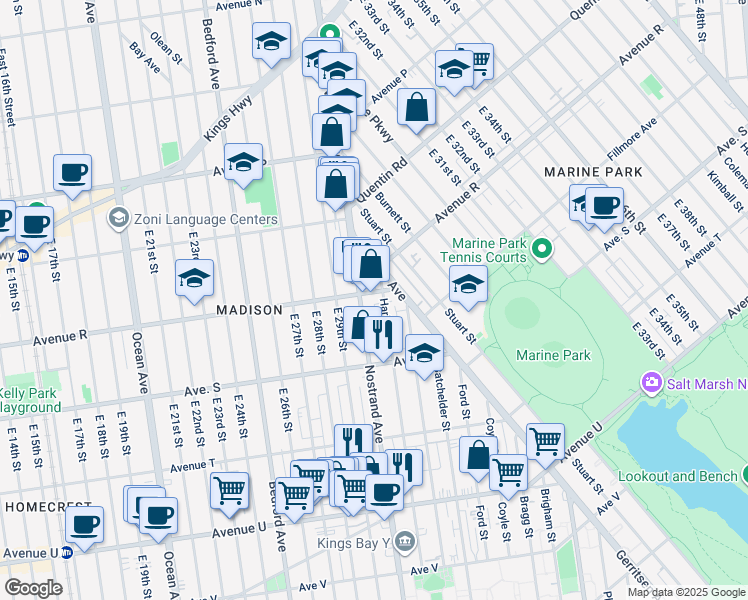 map of restaurants, bars, coffee shops, grocery stores, and more near 1838 Haring Street in Brooklyn