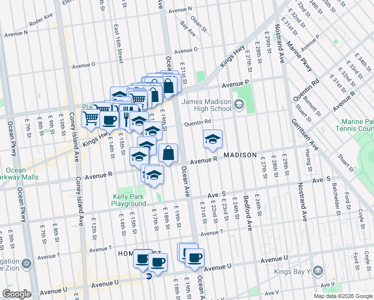 map of restaurants, bars, coffee shops, grocery stores, and more near 2258 Ocean Avenue in Brooklyn