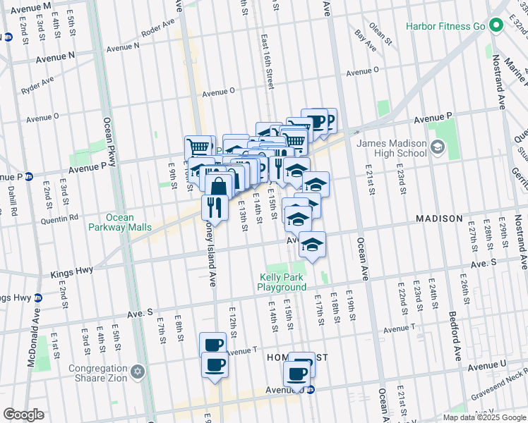 map of restaurants, bars, coffee shops, grocery stores, and more near 1770 East 14th Street in Brooklyn