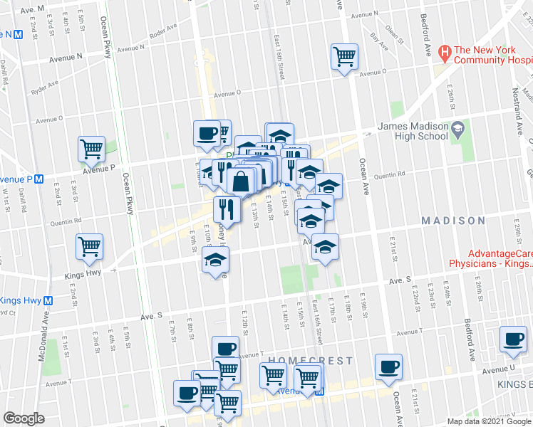map of restaurants, bars, coffee shops, grocery stores, and more near 1770 East 14th Street in Brooklyn