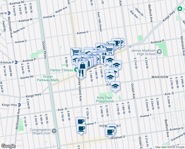 map of restaurants, bars, coffee shops, grocery stores, and more near 1770 East 14th Street in Brooklyn