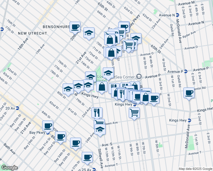 map of restaurants, bars, coffee shops, grocery stores, and more near 1638 West 11th Street in Brooklyn