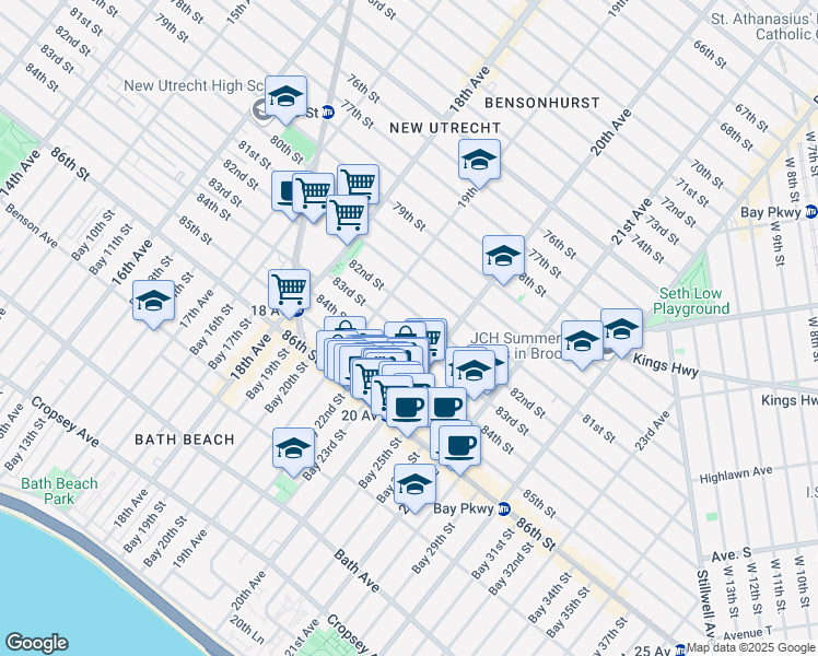 map of restaurants, bars, coffee shops, grocery stores, and more near 1949 84th Street in Brooklyn