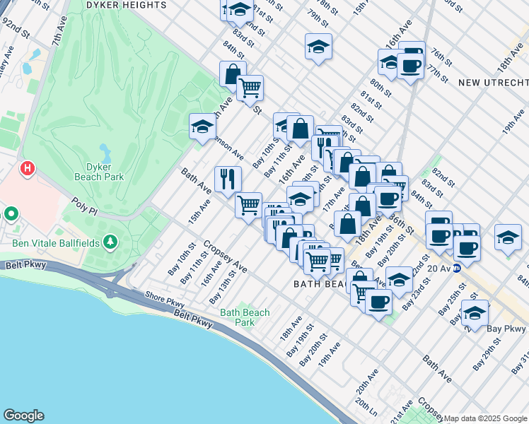 map of restaurants, bars, coffee shops, grocery stores, and more near 162 Bay 13th Street in Brooklyn