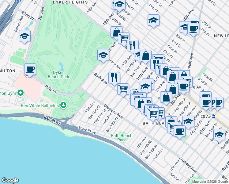 map of restaurants, bars, coffee shops, grocery stores, and more near 8784 16th Avenue in Brooklyn