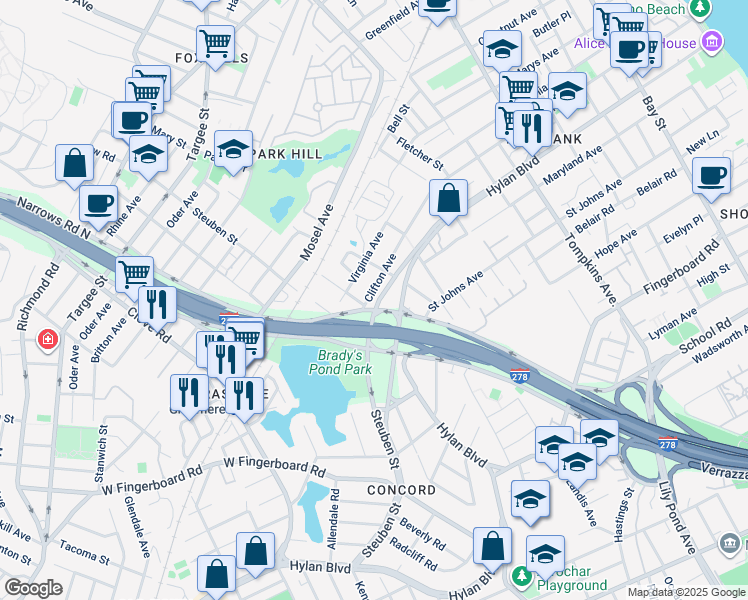 map of restaurants, bars, coffee shops, grocery stores, and more near 28 Staten Island Expressway in Staten Island