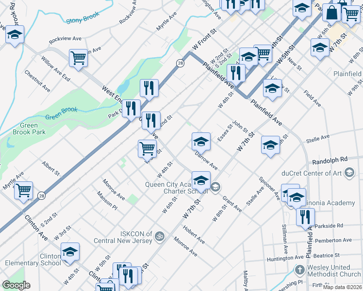 map of restaurants, bars, coffee shops, grocery stores, and more near 414-16 Darrow Avenue in Plainfield