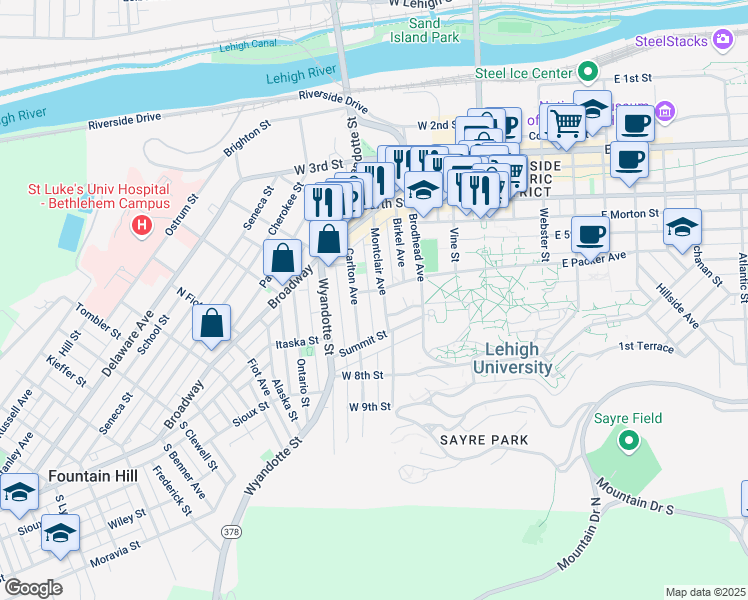 map of restaurants, bars, coffee shops, grocery stores, and more near 535 Montclair Avenue in Bethlehem