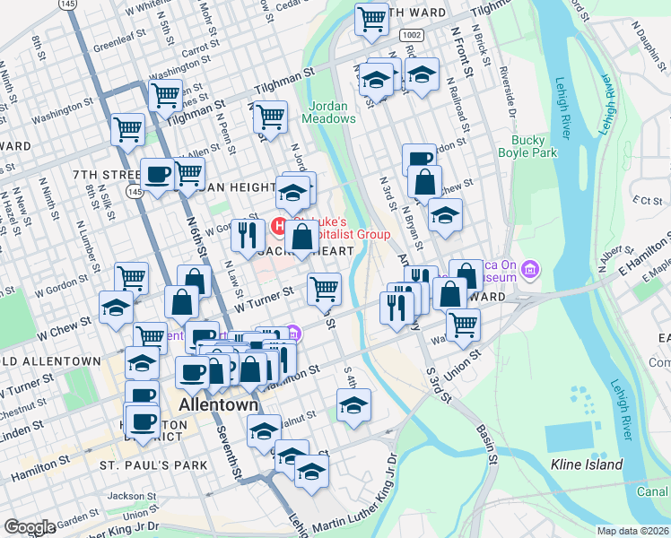 map of restaurants, bars, coffee shops, grocery stores, and more near in Allentown