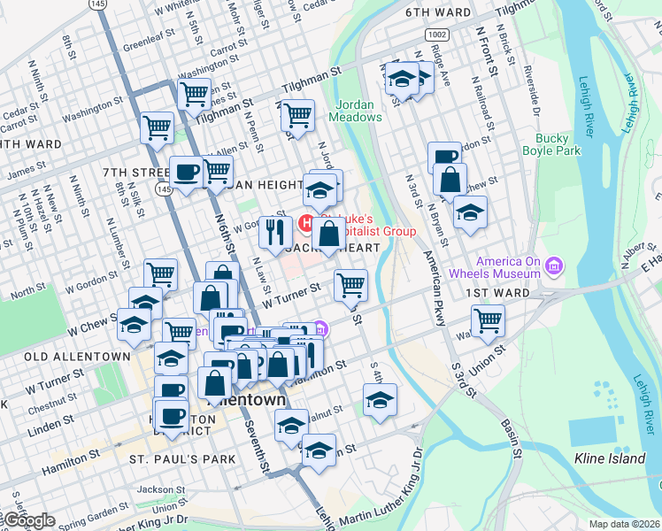 map of restaurants, bars, coffee shops, grocery stores, and more near 435 West Turner Street in Allentown