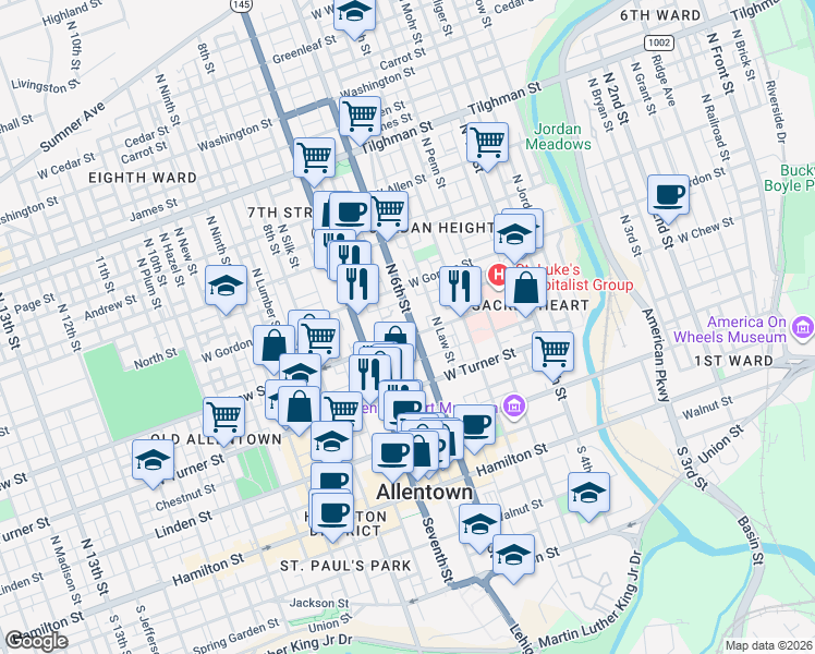 map of restaurants, bars, coffee shops, grocery stores, and more near 239 North Church Street in Allentown