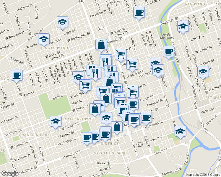 map of restaurants, bars, coffee shops, grocery stores, and more near 304 North 7th Street in Allentown