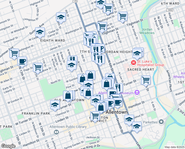 map of restaurants, bars, coffee shops, grocery stores, and more near 319 North Eighth Street in Allentown