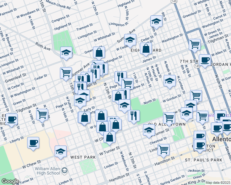 map of restaurants, bars, coffee shops, grocery stores, and more near 1230 West Allen Street in Allentown