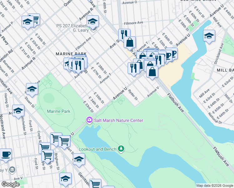 map of restaurants, bars, coffee shops, grocery stores, and more near 3601 Avenue U in Brooklyn